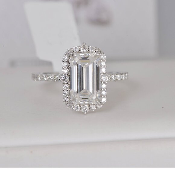 GRA Certified Emerald Cut Moissanite Ring 8.35ct Full Eternity Engagement - Picture 5 of 9